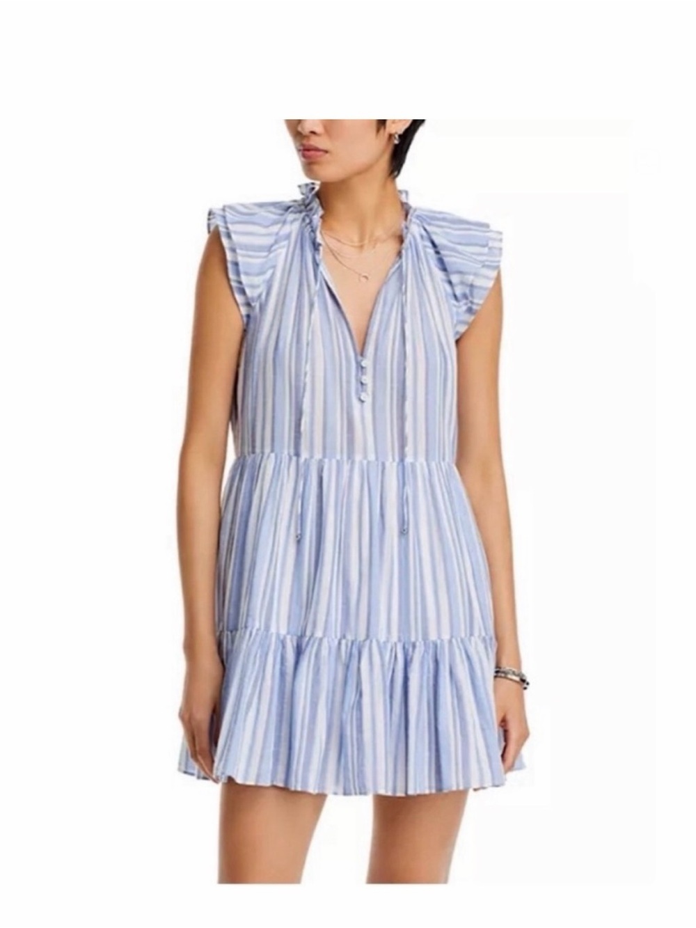 Veronica Beard Blue & White Striped Tiered Ruffle Sleeve Dress V-Neck Sihlhoutte